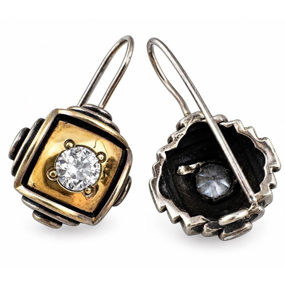 Sterling Silver Etruscan Revival Modernist Brutalist CZ Drop Earrings Two Tone
